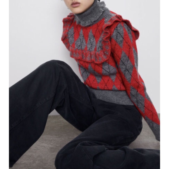 Zara Argyle Turtleneck Ruffle Mohair Blend Red Grey Black Sweater, size S - Picture 2 of 15